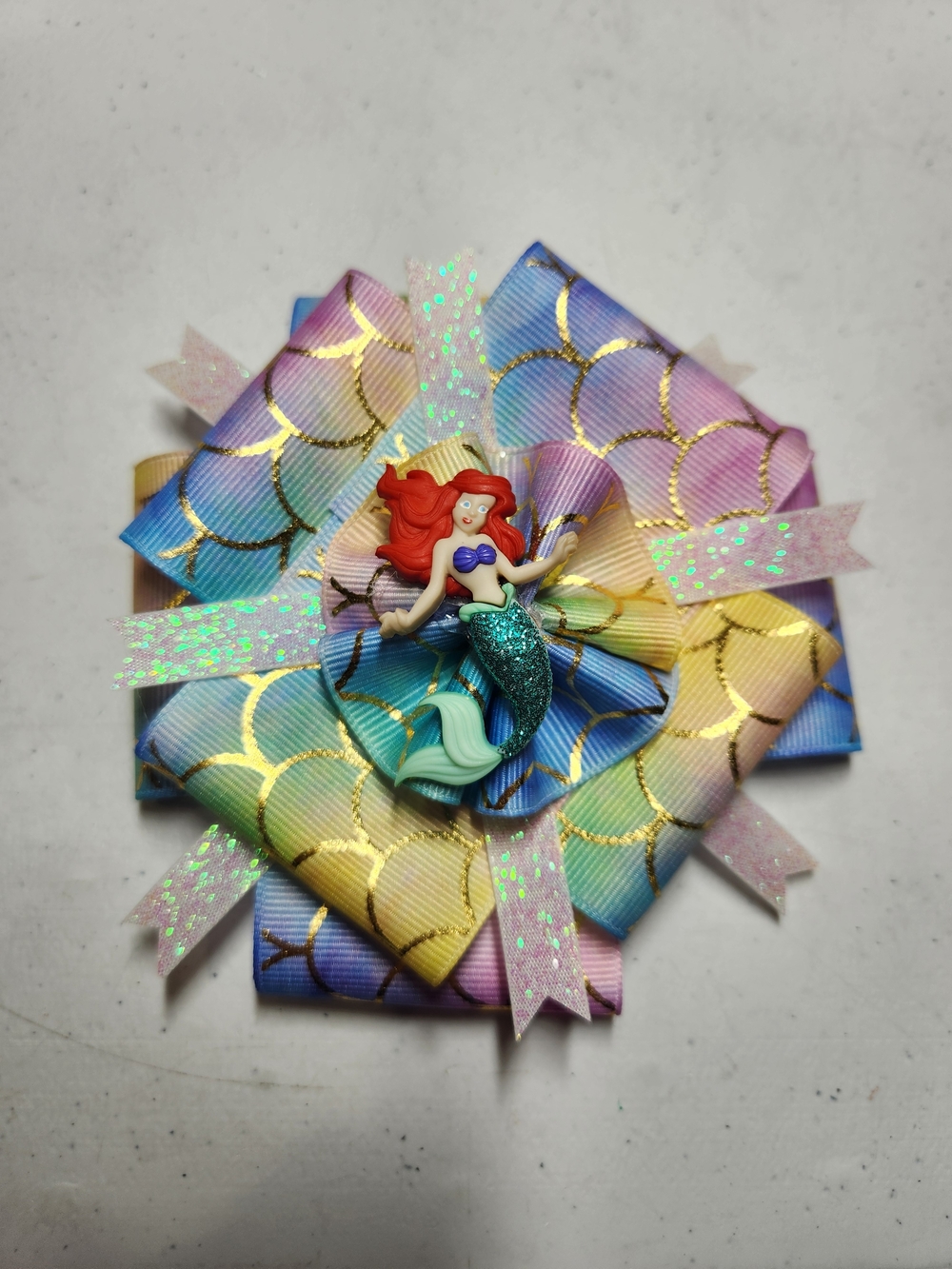 Ariel-Scale Layered Hair Bow - Pastel Rainbow